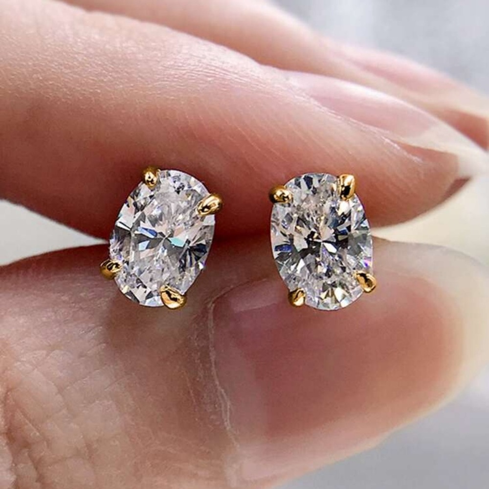 Gold Oval CZ Stud Earrings Rhinestone Crystal Statement Stud Earrings